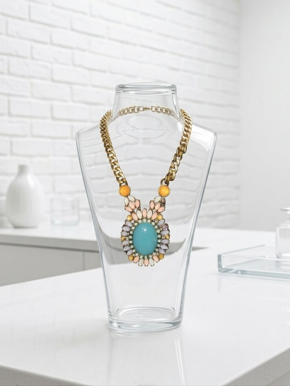 Gold-Tone Statement Necklace with Turquoise Center and Pastel Accents